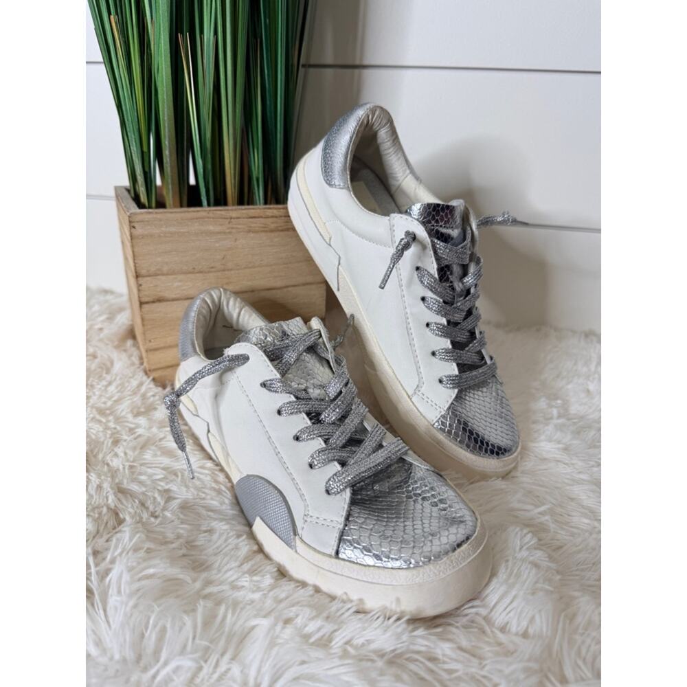 Dolce Vita Zina Snake Embossed Metallic Lace Up Sneakers Silver White Size 6